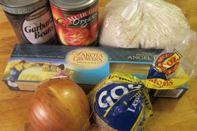It's just not lentils without chickpeas canned chick peas and tomatoes with rice, pasta, lentils, and an onion