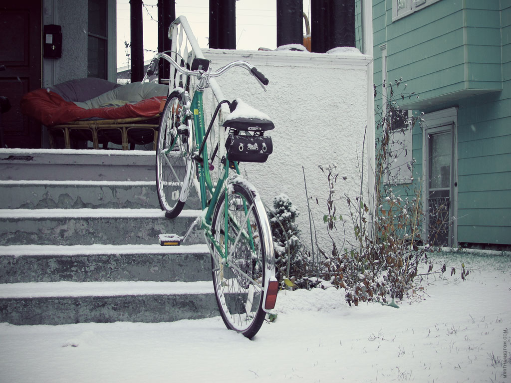 winter bike pictures from a morning walk during Minneapolis' first (real) snow, 2012