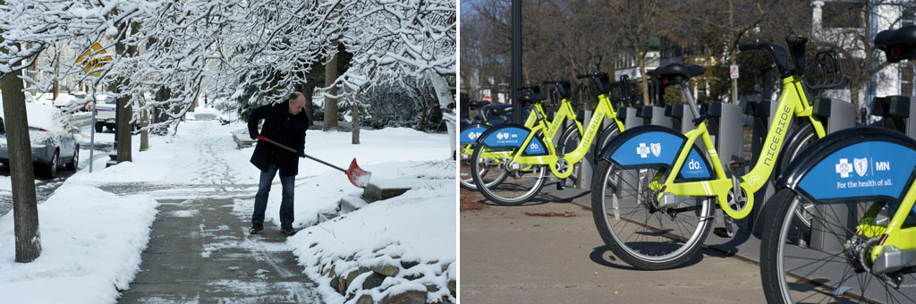 Images of Minnesota in spring sidewalks in snow and sunshine in Minneapolis
