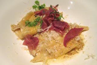 Beet-Ricotta Ravioli with Horseradish and Prosciutto