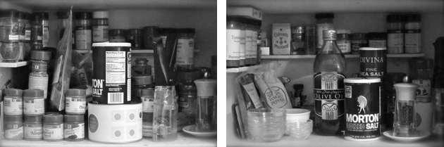 inside the spice cupboard before and after installing the racks on the door