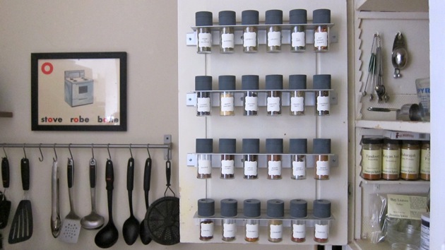 jars of spices mounted to a cupboard door