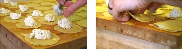 ravioli making process illustrated in two steps, dropping in the fillings and sealing the tops and bottoms.