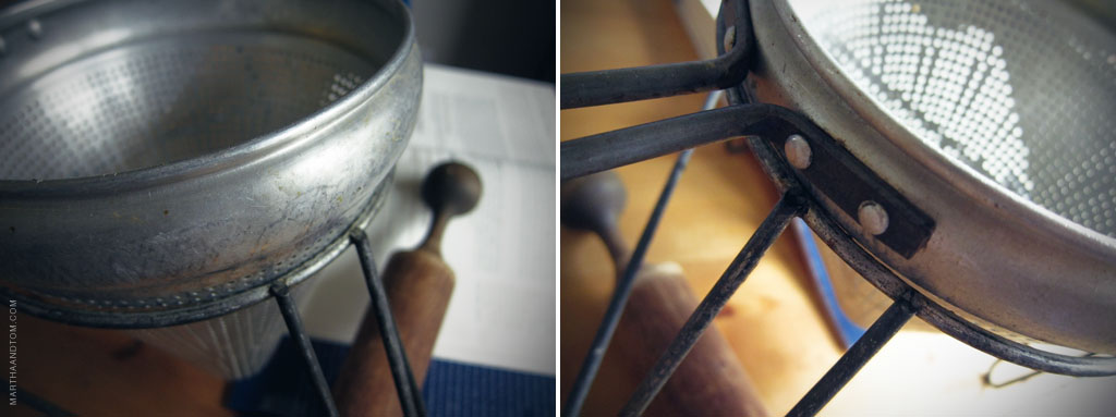 Great-Grandmother's Sieve Great-Grandmother's Sieve for making apple sauce. Details from two angles pictured side by side.